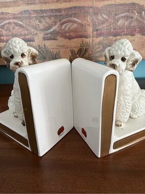 Vintage Lefton Porcelain White and Gold Poodle Bookends